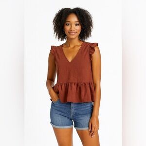 Shein Brown Blouse Ruffle Sleeves Hem Medium